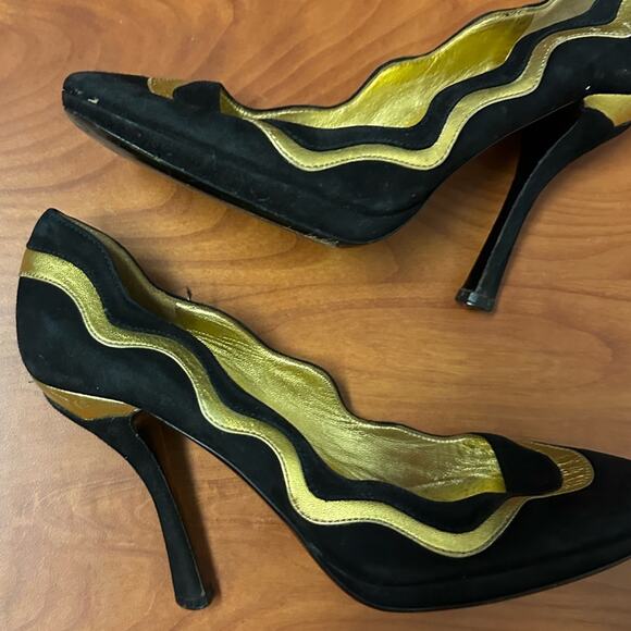 Prada Black Suede Colorblock Pumps Leather Designer Size 37 Gold Design Heels - Picture 6 of 16
